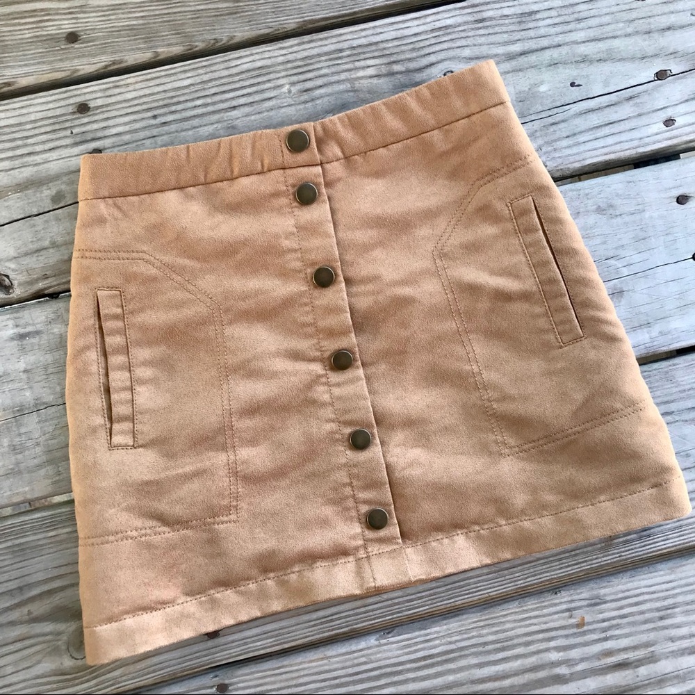 Faux Suede Camel Button Down Skirt
